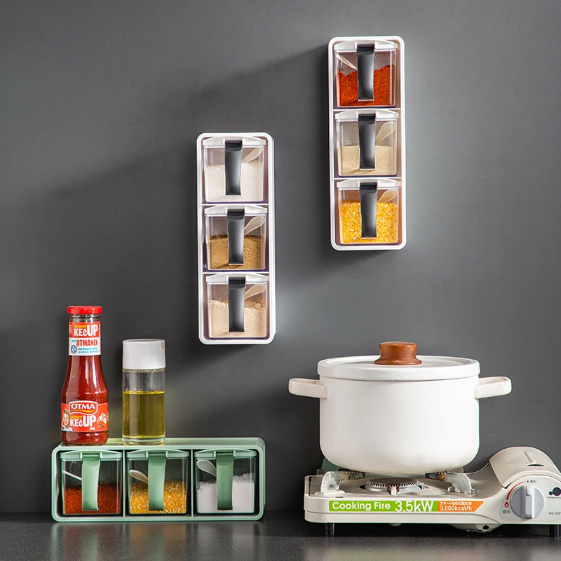 Spice Jars Set Three Compartment 390ml Wall Holding With Spoon Seasoning Jar Storage Containers Salt Sugar Pepper Spices Box