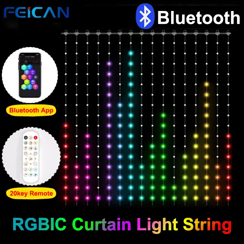 RGBIC LED String USB สมาร์ทผ้าม่านบลูทูธ App ควบคุมกันน้ํา DIY รูปแบบข้อความ Fairy Light Party Room Decor