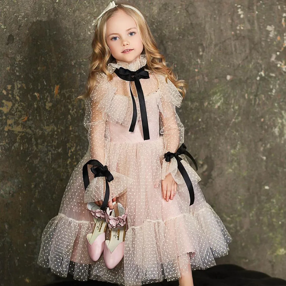 

Polka-dot Tulle Flower Girl Dresses Illusion Long Sleeves Girl Wedding Party Dress Ribbons Communion Dress Birthday New Year