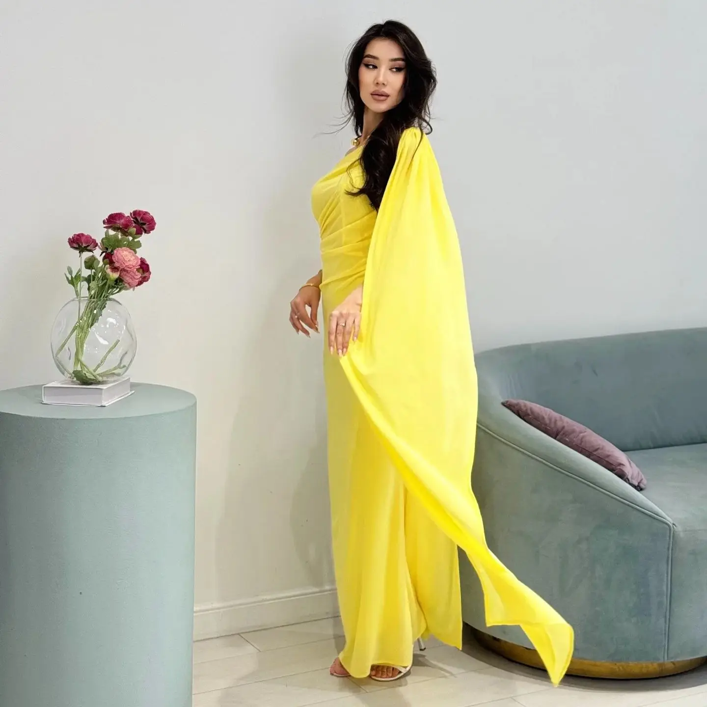 Jirocum-vestido de fiesta amarillo para mujer, vestido de noche de fiesta con volantes y un hombro, largo hasta el suelo, sirena, vestidos para ocasiones especiales personalizados