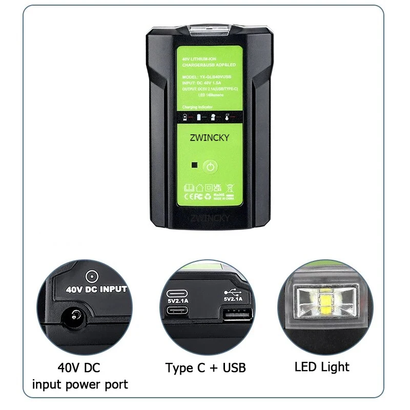 Battery Adapter For GreenWorks GLB 40V Lithium-ion Battery Electric Tool Charger Overcharge Protection With USB And 3W LED Light