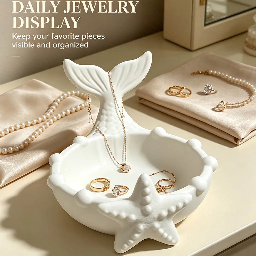 Matte White Multifunctional Mermaid Tail and Starfish Beauty Storage Bowl, Multi-Scene Coastal Style Decorative Cosmetic Storage Dish, Waterproof Multi-Purpose Bathroom Accessory, Suitable for Shower Rooms, Dressing Tables, Bedroom Nightstands, Minimalist Ocean-Style Home Decor Ornaments