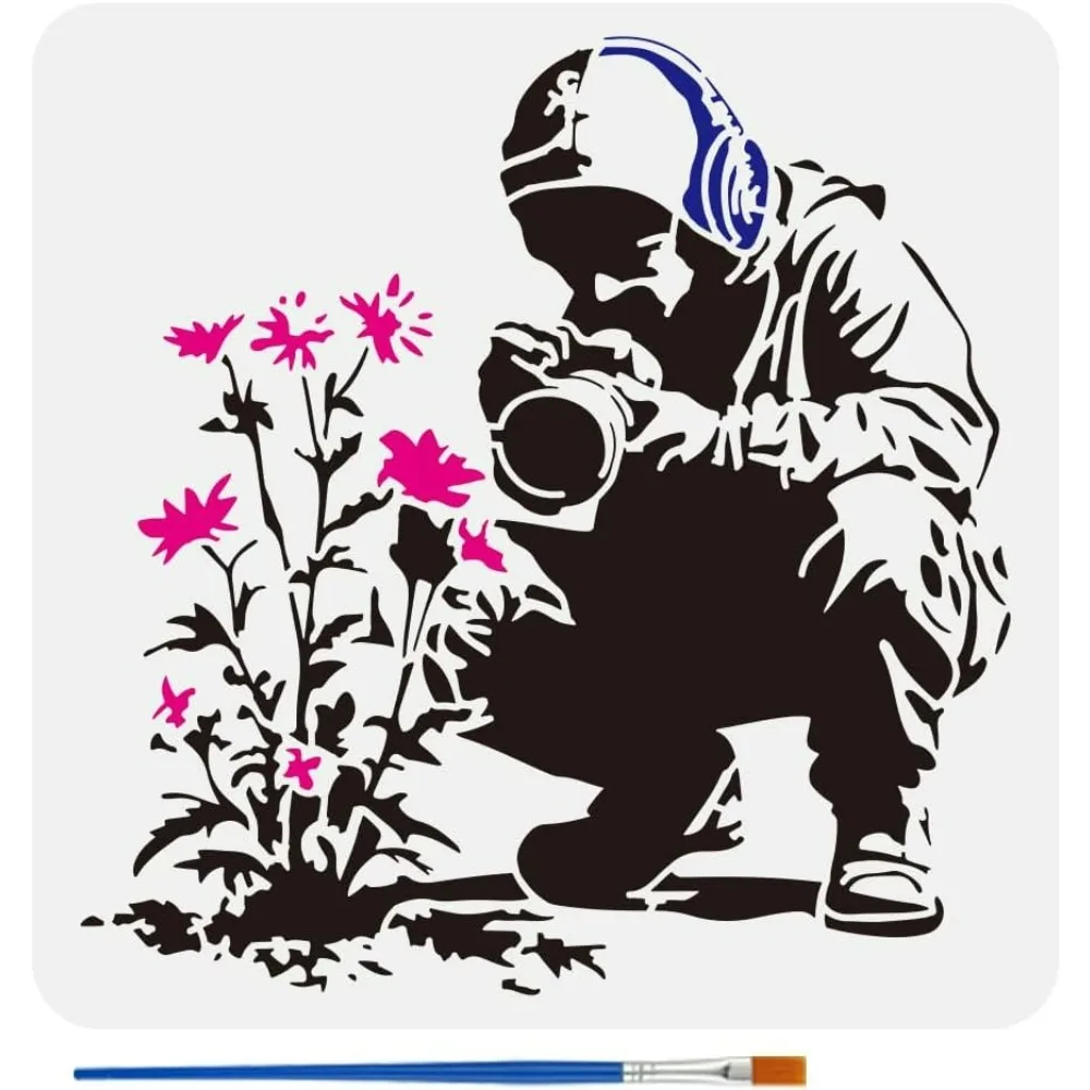 Malschablone mit Pinsel 11,8 x 11,8 Zoll Kopfhörer mit Kamera zum Fotografieren von Blumen, Zeichnungsvorlage