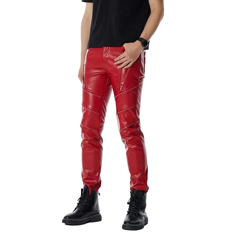 2024 Men\'s Red Personal Leisure Zipper Pu Stitching Leather Pants