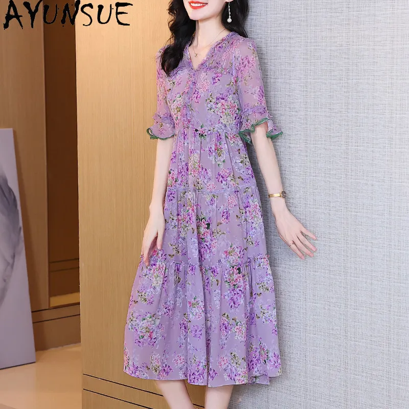AYUNSUE 100 % natürliche Maulbeerseide, elegante Damenkleider, langes Kleid für Damen, Kleidung, florales Sommerkleid, Vestidos De Fiesta