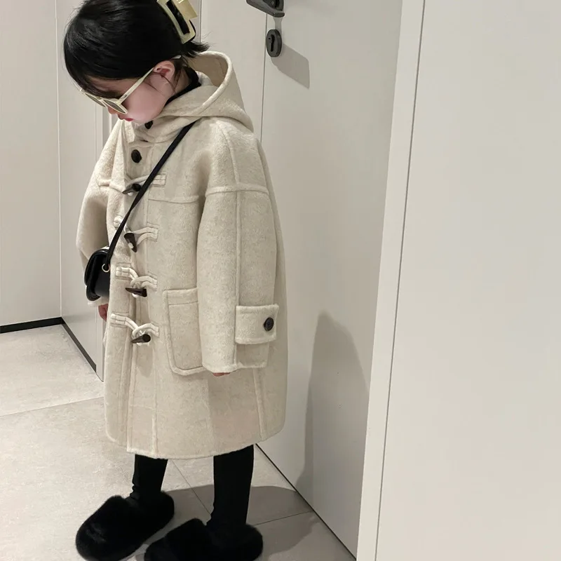 Hnq-Boys and Girls Coat Autumn and Winter New Temperament Horn Button Hooded Woolen Coat Tide Children One Piece Dropshipping