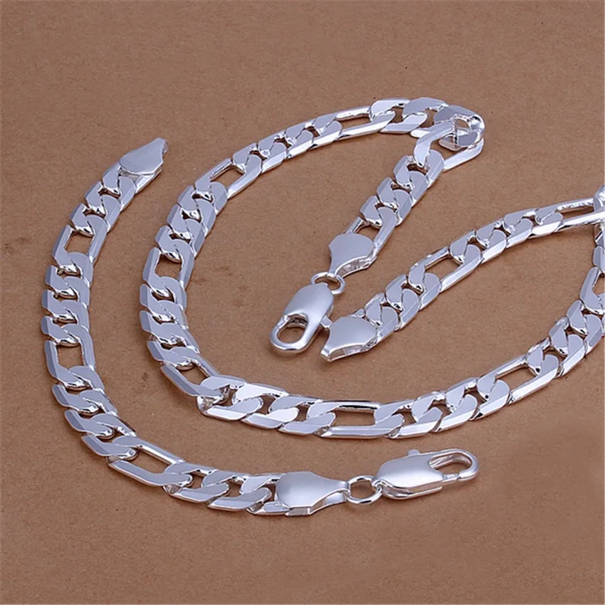 

European and American 925 sterling silver Figaro chain 12MM three room one charming men and women Cuban necklace bracelet set