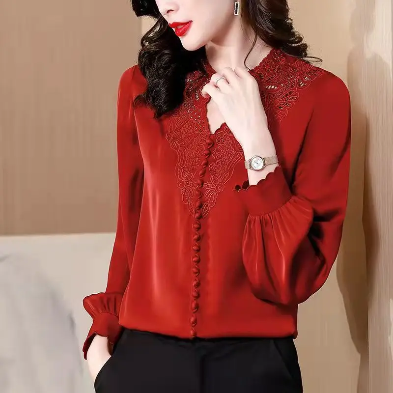 V-neck Imitation Silk Thin Temperament Workplace Lace Loose Lantern Sleeve Pullover Blouse Three-dimensional Decoration Women