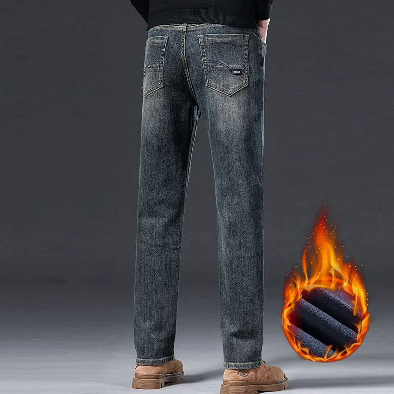 Зимнее флисовое издание, эластичные мужские джинсы, элитные деловые потертые джинсовые брюки для взрослых, универсальные брюки для официальных банкетных мероприятий