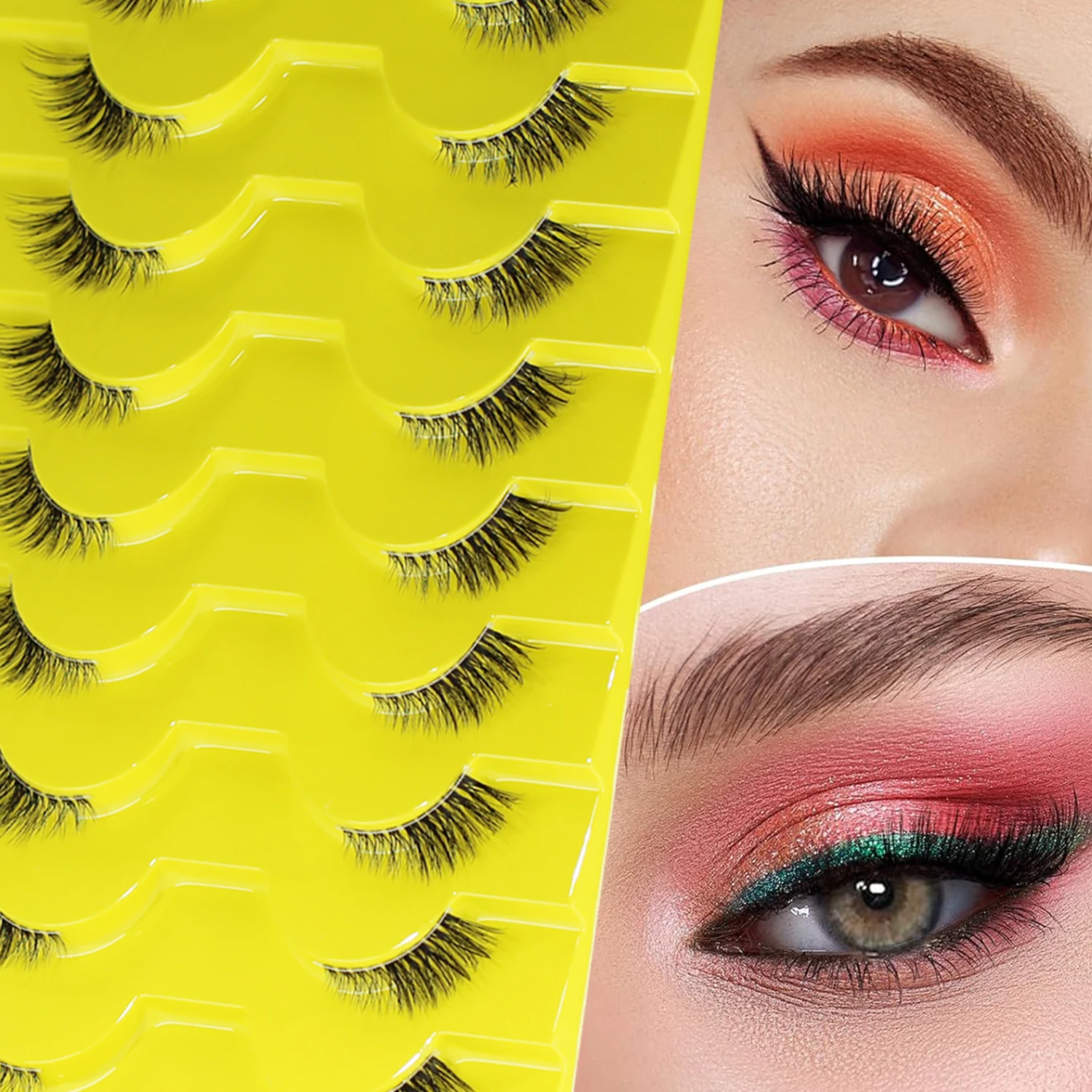 Halbwimpern, natürlicher Look, 10 Paar, dünne Katzenaugenwimpern, 18 mm, flauschige falsche Wimpern mit transparentem Band, kurze Halbwimpern