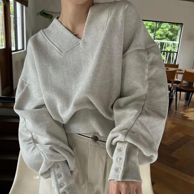 SuperAen 2024 Spring Niche Design V-neck Loose Laid Back Lantern Sleeve Casual Sweatshirt for Women