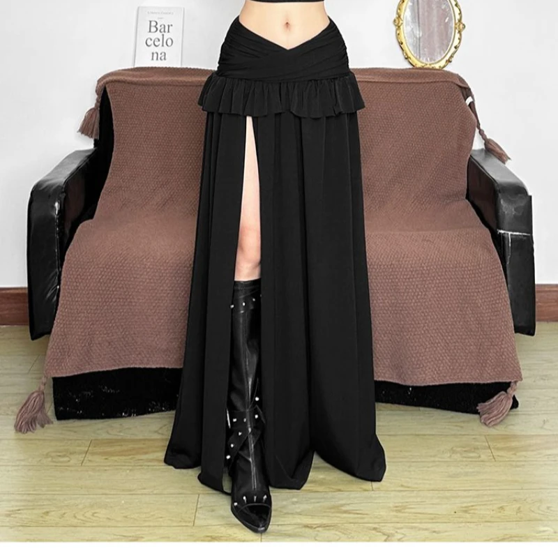 Edgy Vintage Streetwear for Spring Summer Women's Gothic Sweet High Slit Maxi Skirt -Black Cross Waist Ruffle Detail Long Skirt view 3