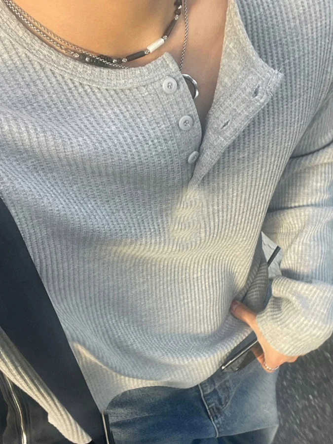 Men's Long Sleeve T-Shirt Henry Collar Workwear Paul Shirt Dongda Gate Texture Waffle Youth Fashion Breathable Skin-friendly