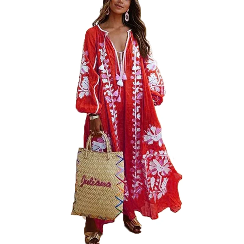 Woman Maxi Dress Boho Print Lace Up Long Sleeve Dress V-neck loose Fashion Bohemian Beach Vintage Ruffle Hem 2022 Print Dresses