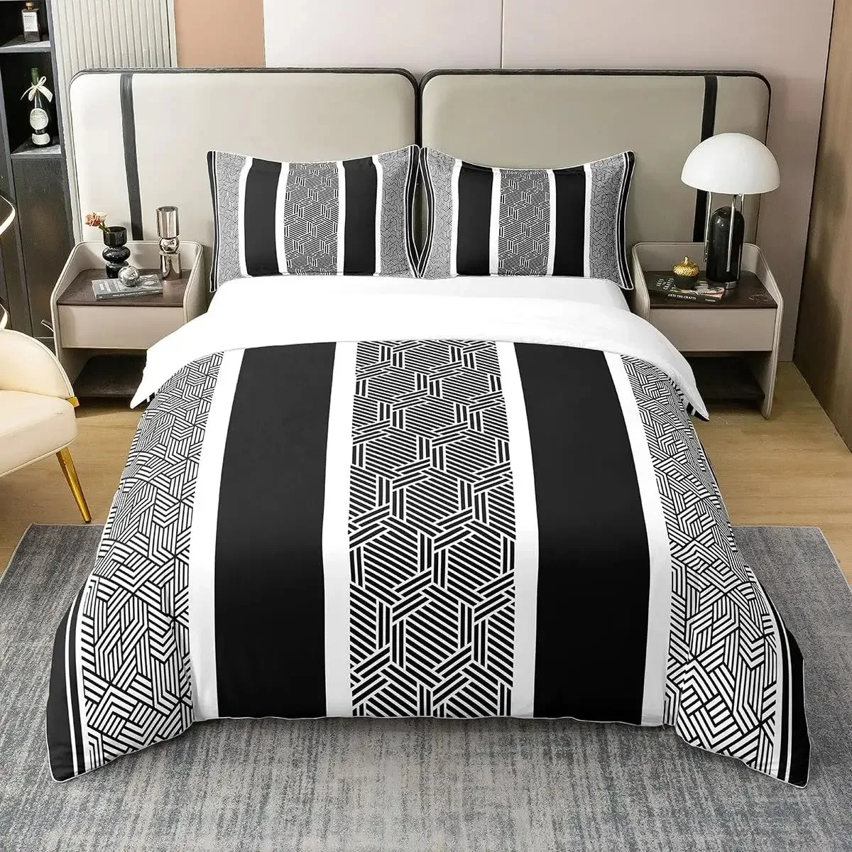 Geometric Duvet Cover for Boys Comforter Cover Set Twin Size Strip Lines Bedding Set with 2 Pillow Case 3Pcs Bedroom Decor