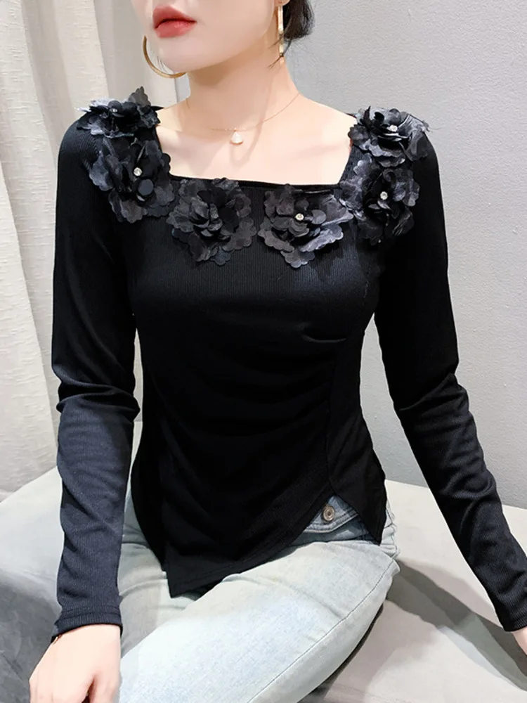 Seasonal New Base Shirt Temperament, Floral Design, Fashionable And Elegant Square Neck Long Sleeved Autumn Light Luxury Slim