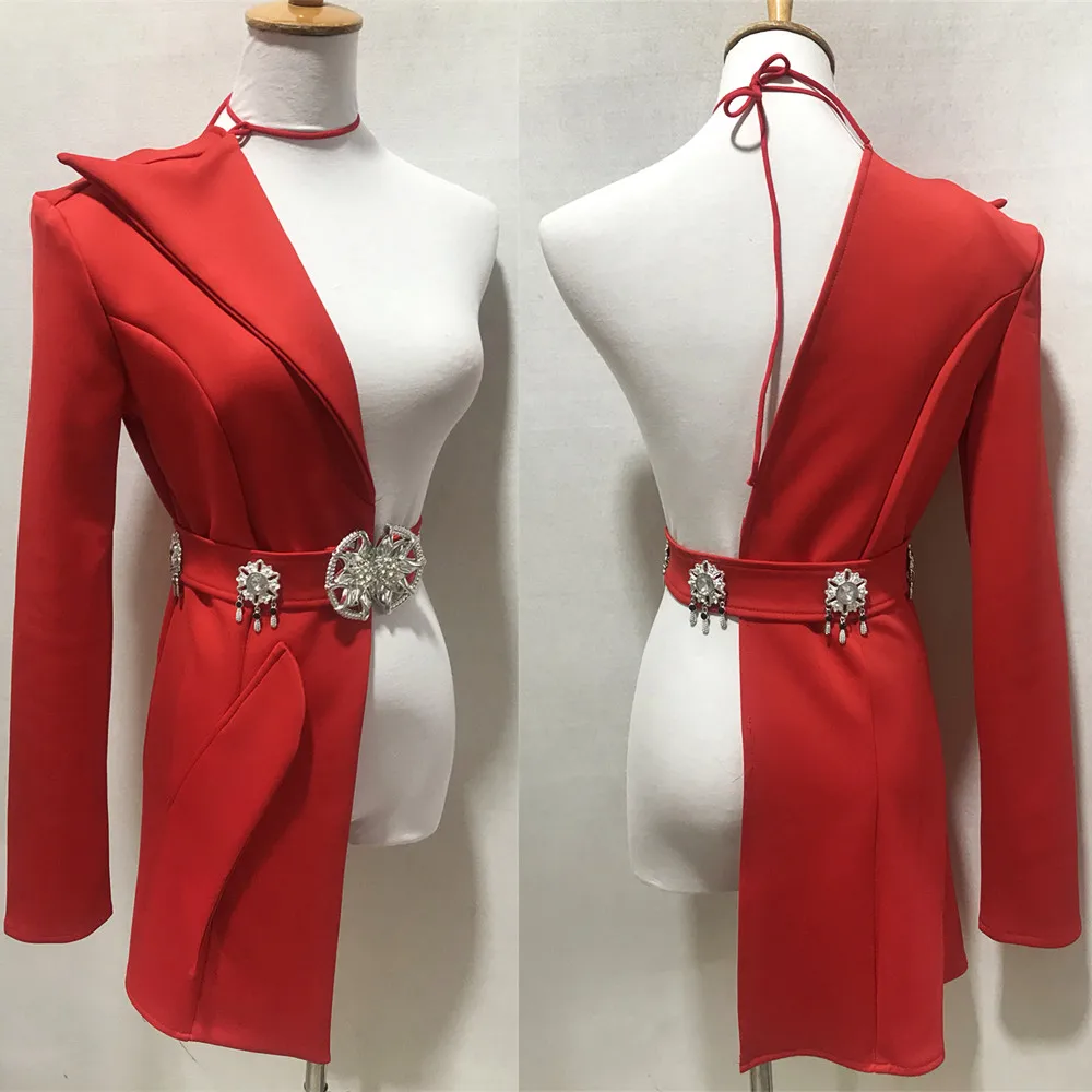 Sexy Single Side Long Sleeve Irregular Suit Blazer with Belt Nightclub Bar Gogo Singer Jazz Dance Team Stage Performance Costume