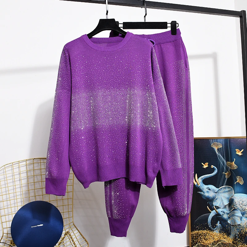 

Hot Drilling Purple Knitting Two-piece Sets New Spring Autumn Luxury Diamonds Pullovers Sweater Top + Casual Sports Pants Suits