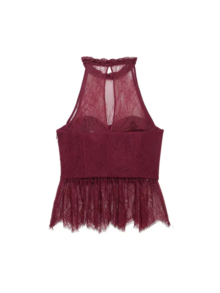 Smvp 2026 Summer New Women's Sexy Fashion Hoop Detail Lace Tank Top Halter Neck Side Zipper Camisole Female Sexy Fashion