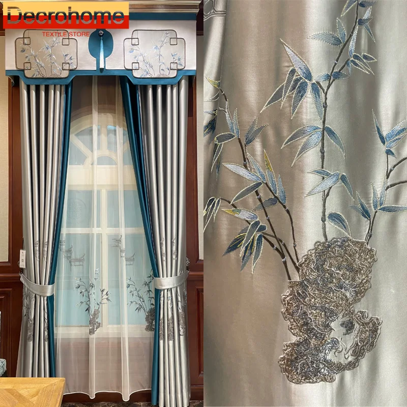 

New Chinese Silver Gray Embroidered Window Screen Thickened Curtains for Living Room Bedroom Study French Window Customized