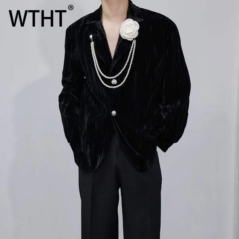 

WTHT модные мужские пиджаки с 3D цветочным дизайном и бусинами, модные осенние куртки с длинными рукавами и v-образным вырезом 2025, мужские 2A1913