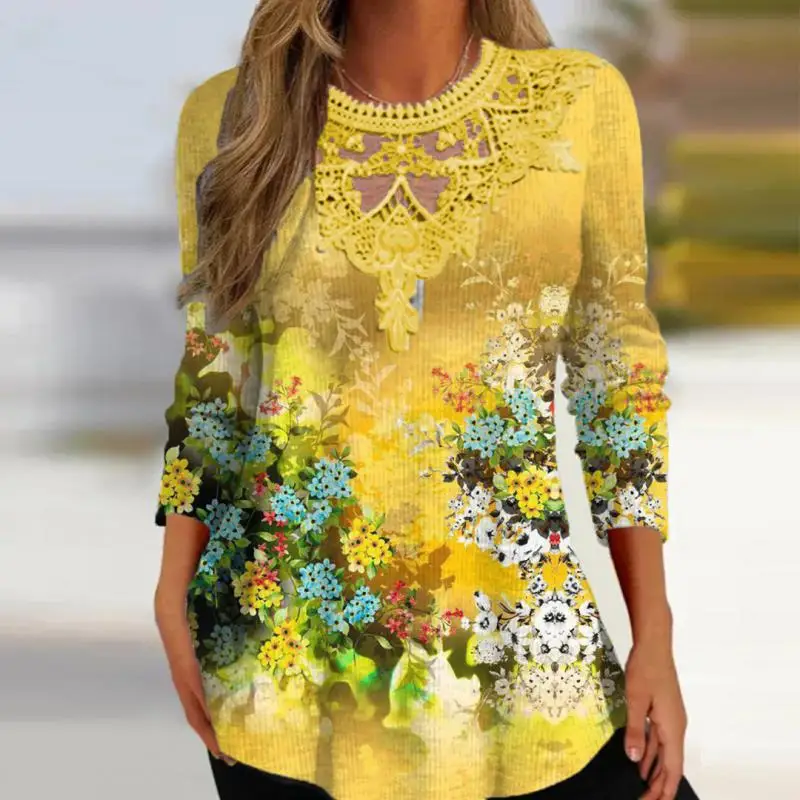 

Plus Size Women Long Sleeve Scoop Neck Floral Printed Graphic Lace Tops