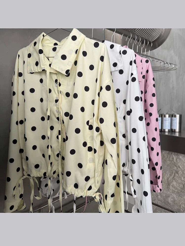 Vintage Polka Dot Cropped-Bluse mit Stehkragen, Krawatte am Hals, Kordelzug am Saum, lange Ärmel, lockere Tasche, lässiges Alltagshemd, 5 Farben – Detail 3