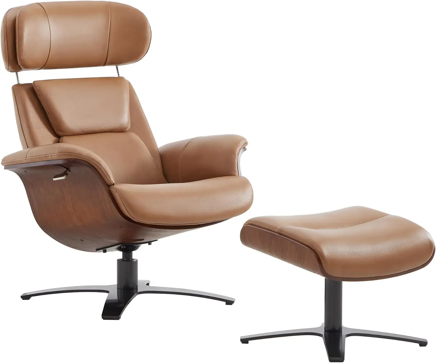 

Genuine Leather Reclining Swivel Chair with Adjustable Headrest and Ottoman for Living Room, Saddle