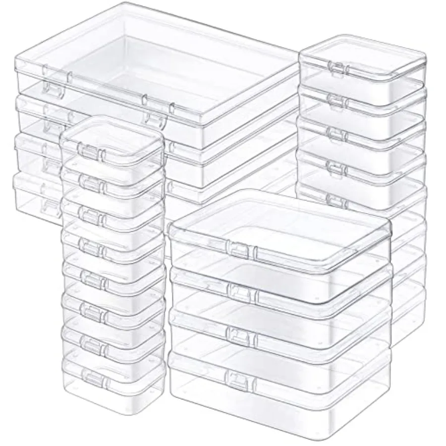 

24 Pack Mixed Sizes Rectangular Mini Plastic Containers Clear Plastic Storage Boxes with Hinged Lids and Labels Empty Beads Org