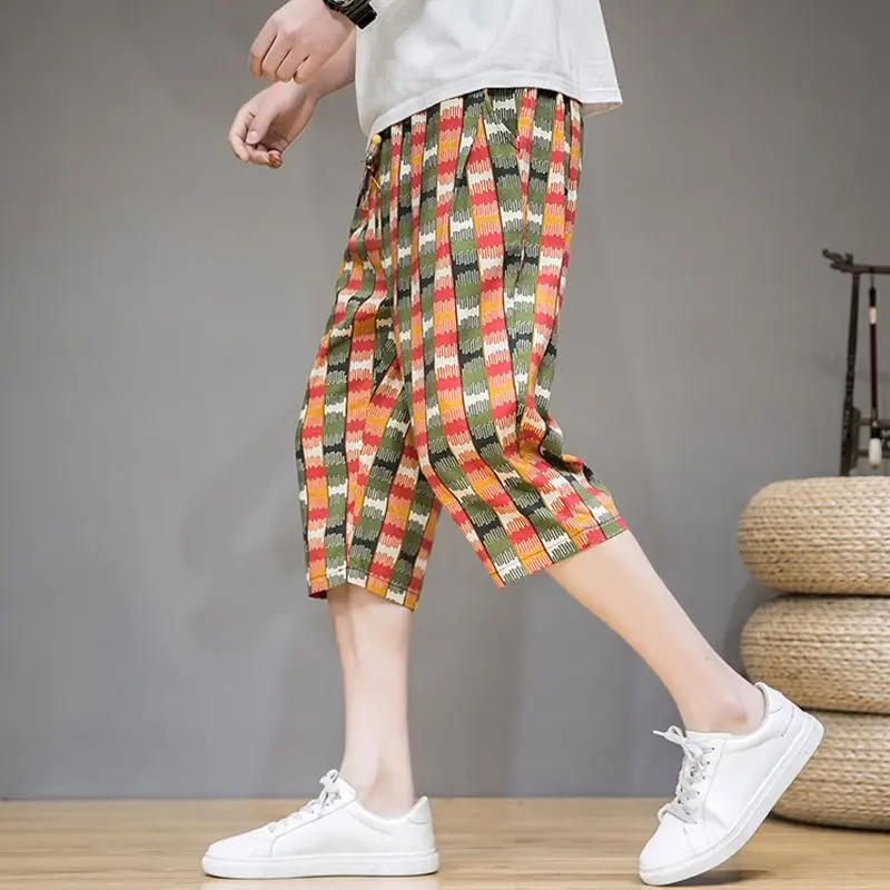 Summer Fashion Sports Casual Calf-Length Pants Men\'s Elastic Waist Drawstring Pocket Versatile Striped Cotton Hemp Beach Shorts