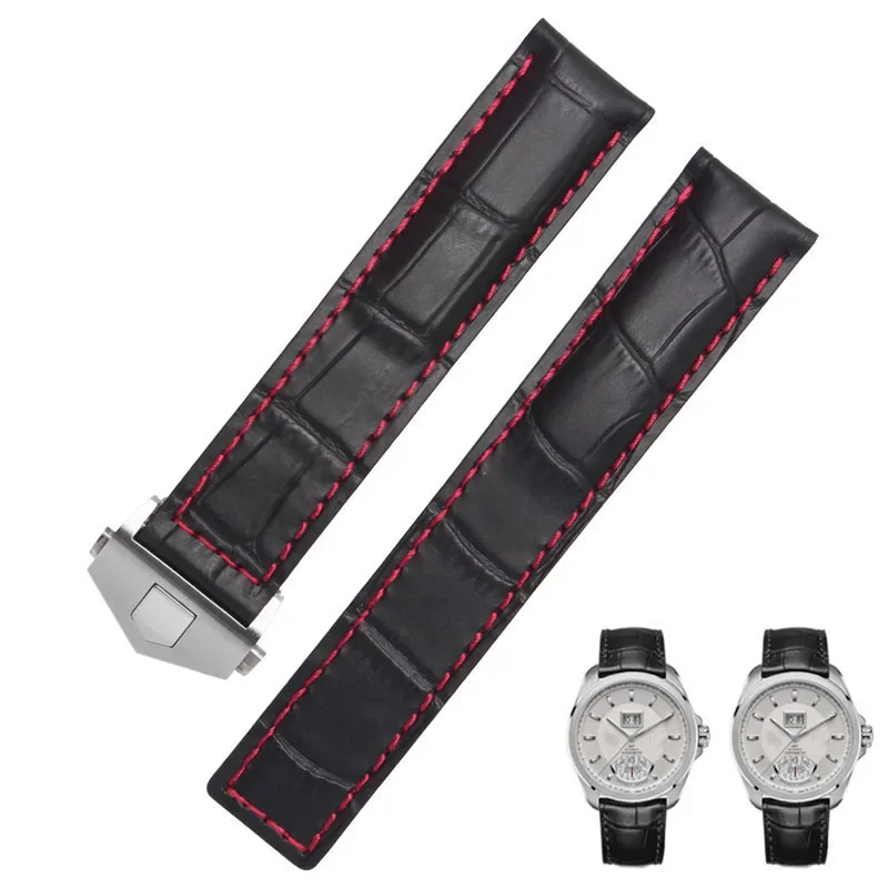 

For TAG heuer Genuine Leather watchband blue Black with red stitches bracelet 19 20 22mm for men Wrist band with folding clasp