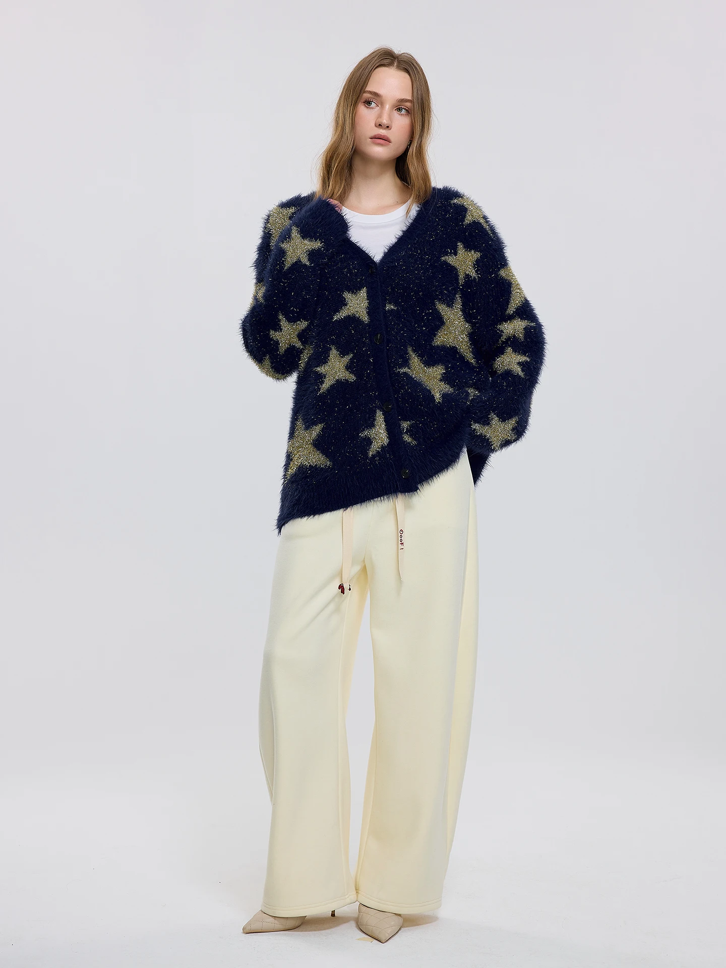 

OoofYang Stars Blue Knitted Sweater Coat Women's Loose Slimming Base Layer Long Sve Winter Cardigan Online Exclusive