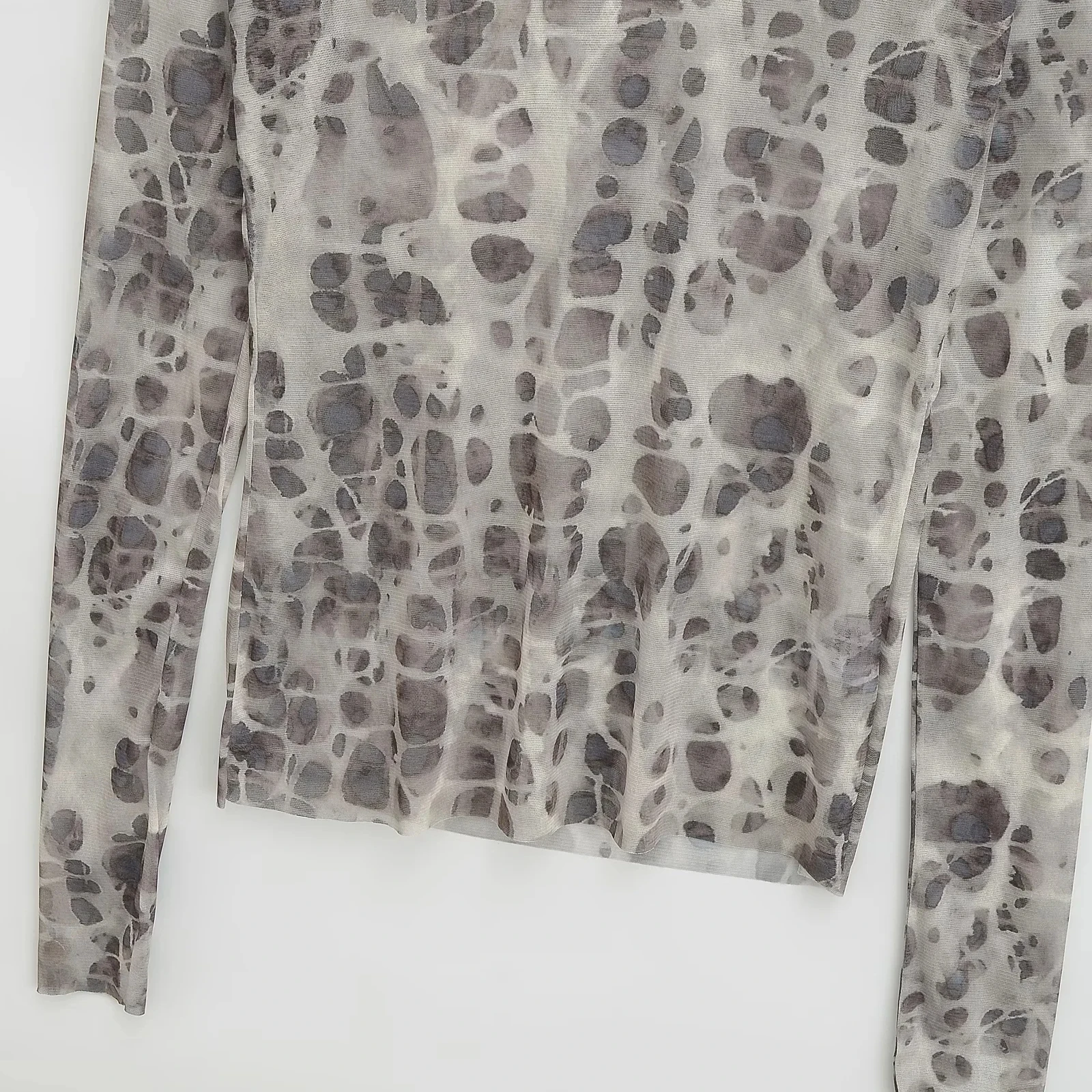 가벼운 메쉬 베이스 셔츠 라운드 넥 긴팔 레오파드 프린트 빈티지 여성용 언더웨어 출퇴근 스타일 슬림 핏 티셔츠