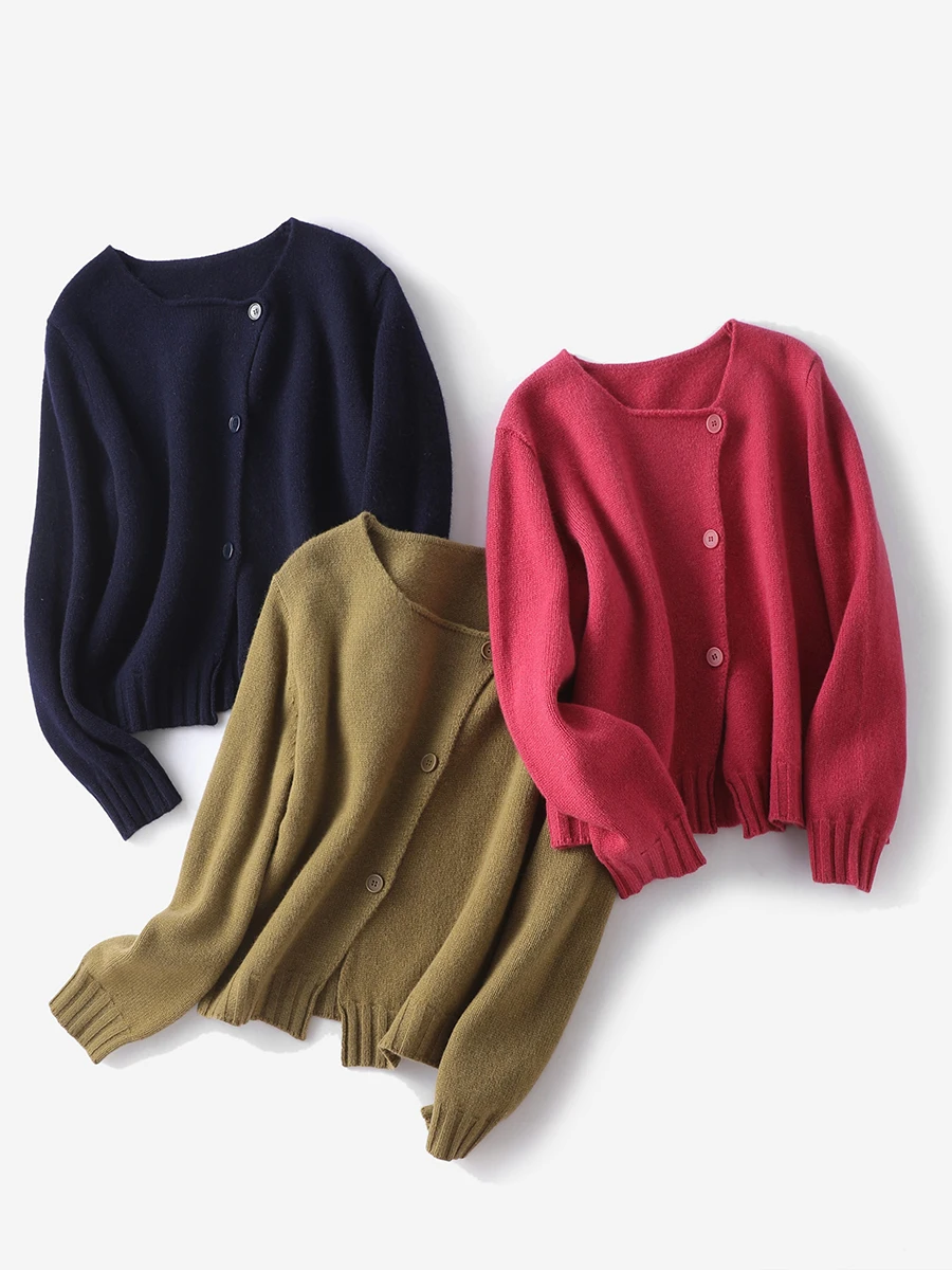 SuyaDream 100%Merino Wool Cardigans For Woman, Square Neck, Oblique Placket Sweaters, 2024 Fall Winter Warm Jackets, Plum, Navy