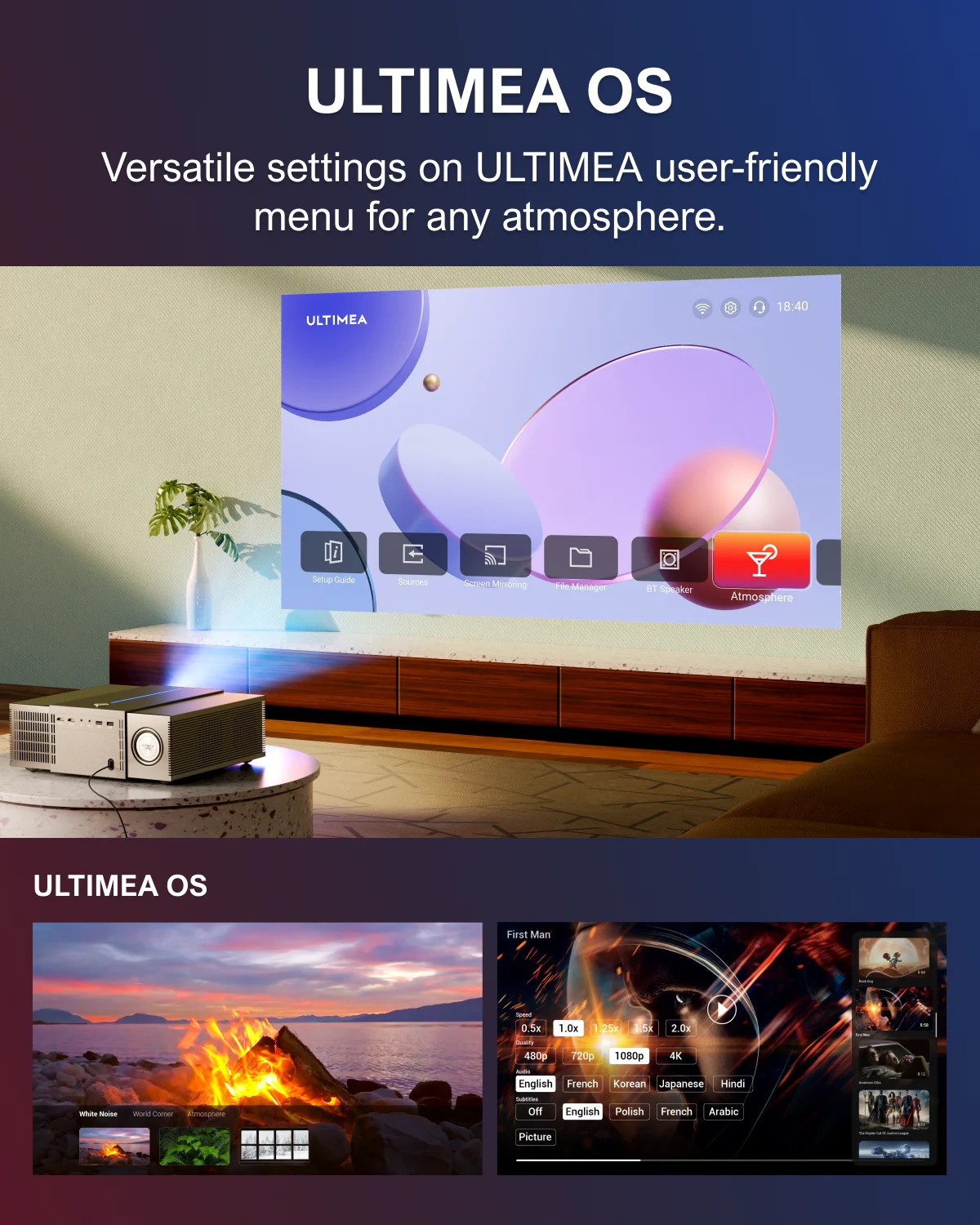 Projektor ULTIMEA Apollo P60 Full HD Native 1080P i zestaw kina domowego Poseidon D60 410 W 5.1-kanałowy Soundbar Dolby Atmos do telewizora