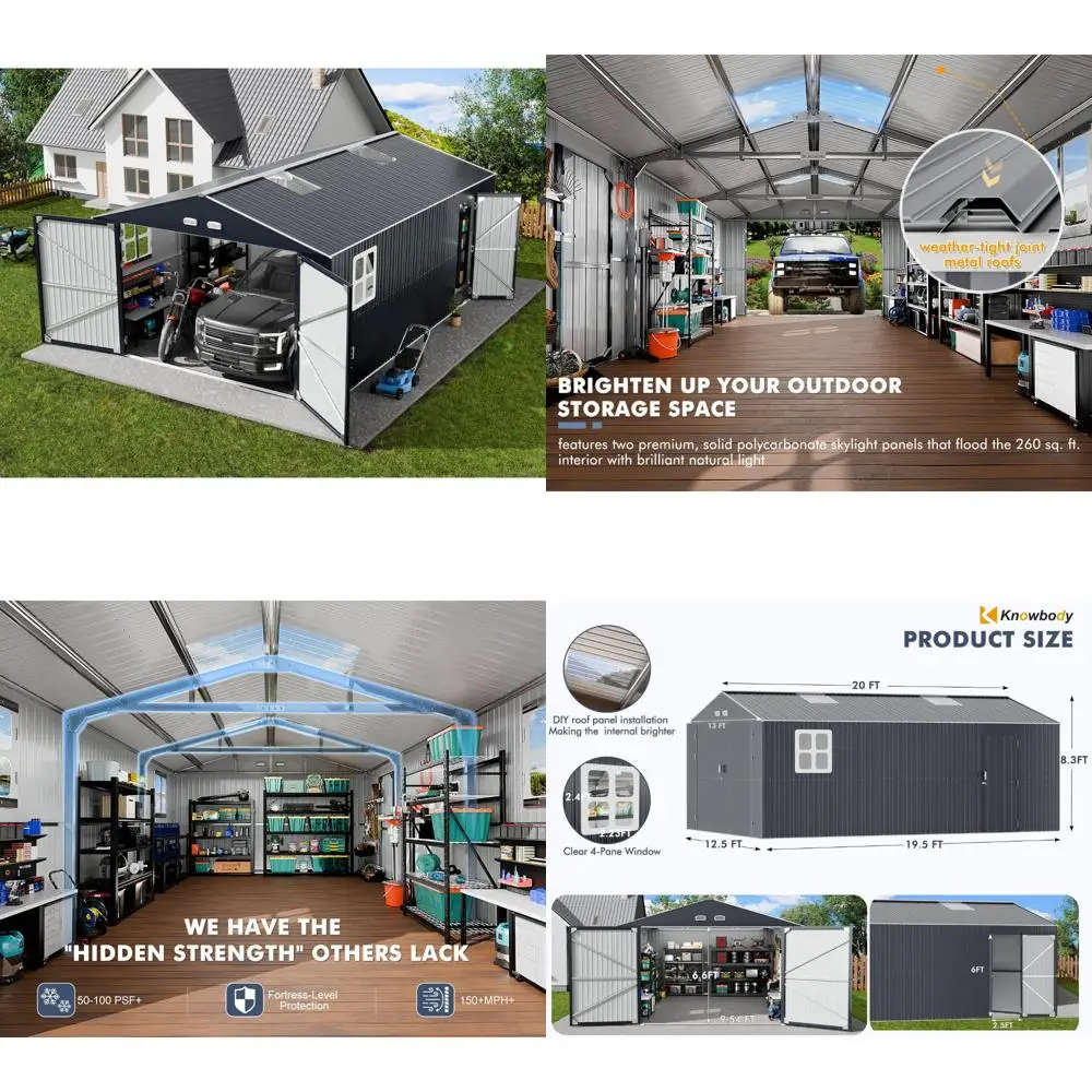 

"13x20x8.5ft metal garage shed with ultra-reinforced truss system, large outdoor storage, weatherproof, skylight & dual features