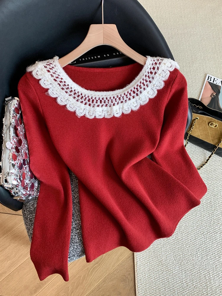 

Hollow out lace doll neck knitted sweater women autumn and winter chic small fragrance style temperament elegant base top