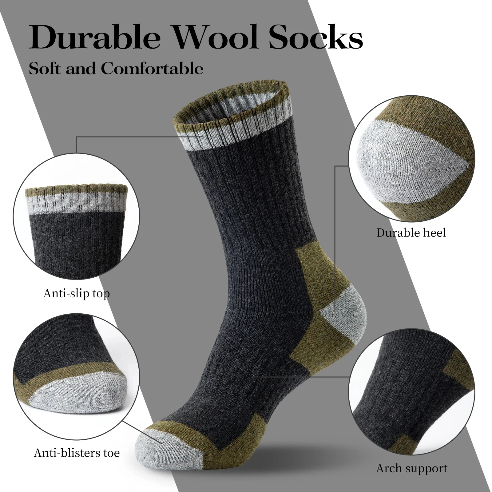 5 Pairs Merino Wool Socks Men's Wool Hiking Socks Soft Warm Winter Casual Crew Moisture-Wicking Socks for Indoors Outdoors