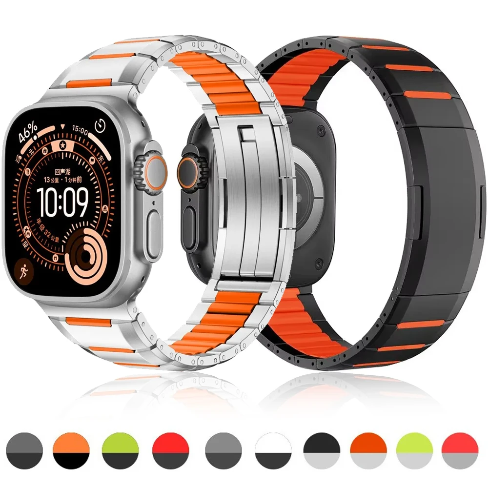 

Fluorine Rubber Steel Strap for Apple Watch Ultra 3-1 49mm High-quality Wristband for IWatch 11 10 9 8 7 6 SE 46mm 45mm 41 44 40