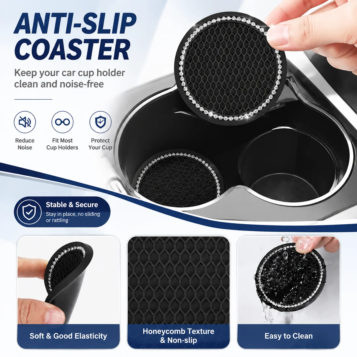 Bling Rhinestone Car Cup Holder Pads Non-Slip Silicone round Coaster Decorative Cup Mat for Vehicle Interior