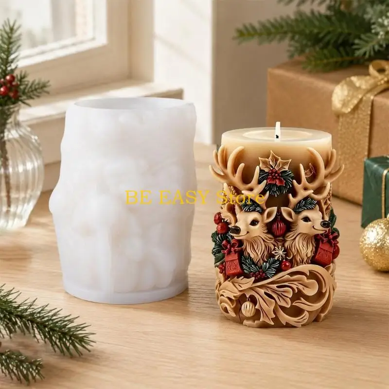 E28F Raised Deer Pattern Pour Form for Christmas Display Projects, Flexible Cylinder Design for Table Styling, Round Profile,