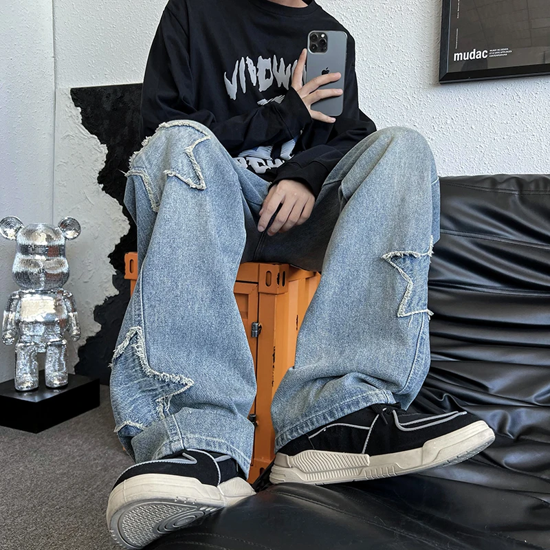 

Fall Trend Streetwear Five-Pointed Star Embroidery Loose Straight Leg Jeans ex High Street Wide Leg Long Trousers