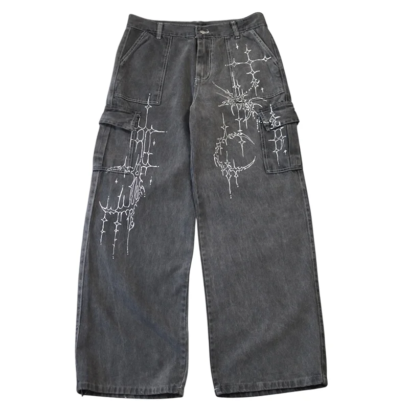 

Y2K Vintage Washed Jeans High Quality White Pattern Print Loose Wide Legs Cargo Jeans Hip Hop Men Women Trend Punk Streetwear
