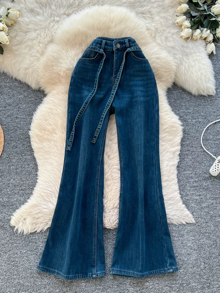 High Waist Bell Bot Jeans Women's Slim Fit Denim Pants Belted American Sle Hot Girl Autumn Faion New Arrival