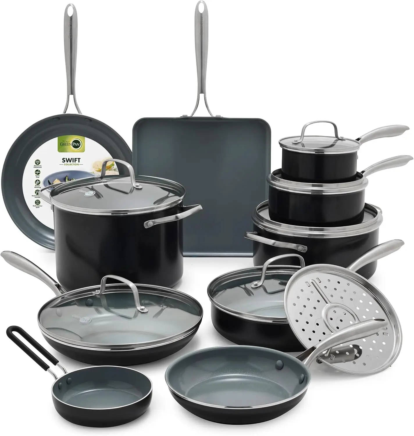 

17-Piece Ceramic Nonstick Cookware Set, PFAS-Free, Oven Safe to 600°F, Dishwasher Safe, Gray