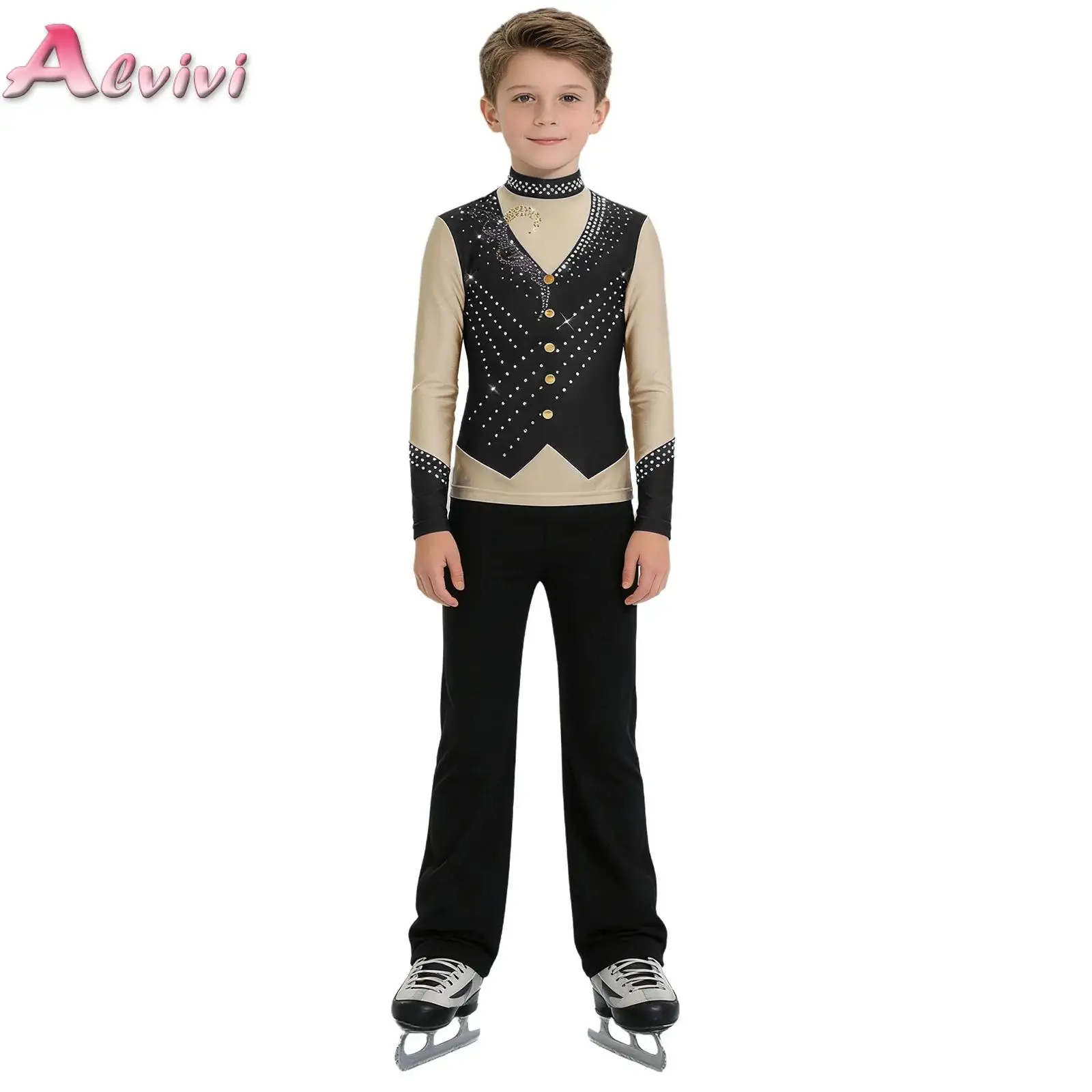 

Kids Boys 2Pcs Ice Figure Skating Costumes Outfit Sparkly Rhinestones Long Sleeve Contrast Color Top and Stretchy Boot Cut Pants