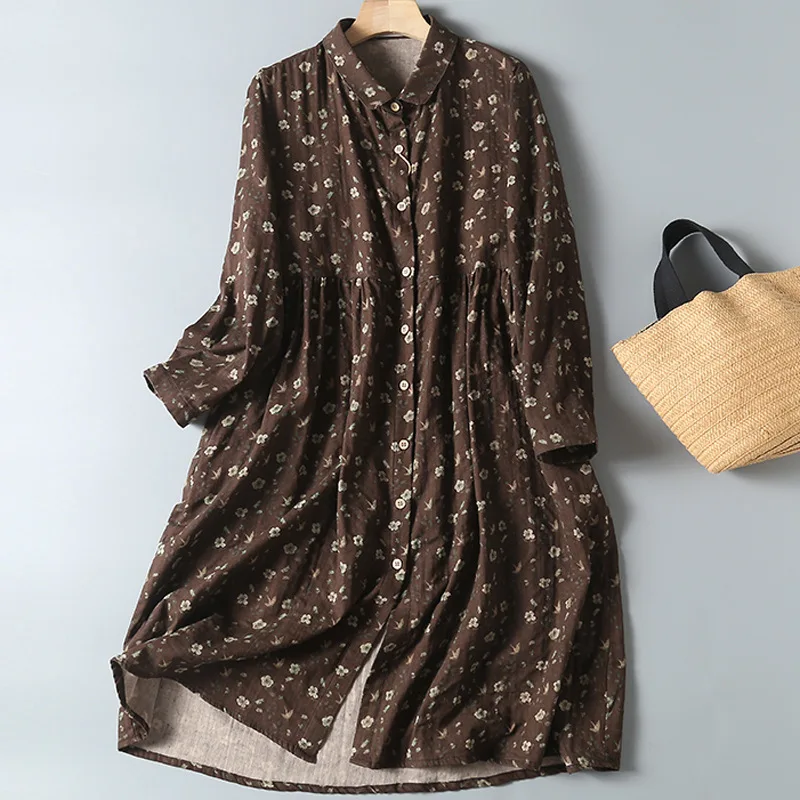 Spring New Japanese Vintage Mori Girl Floral Printed Single Breasted Shirt Dress Women Turn Down Collar Long Sleeve Casual Dress