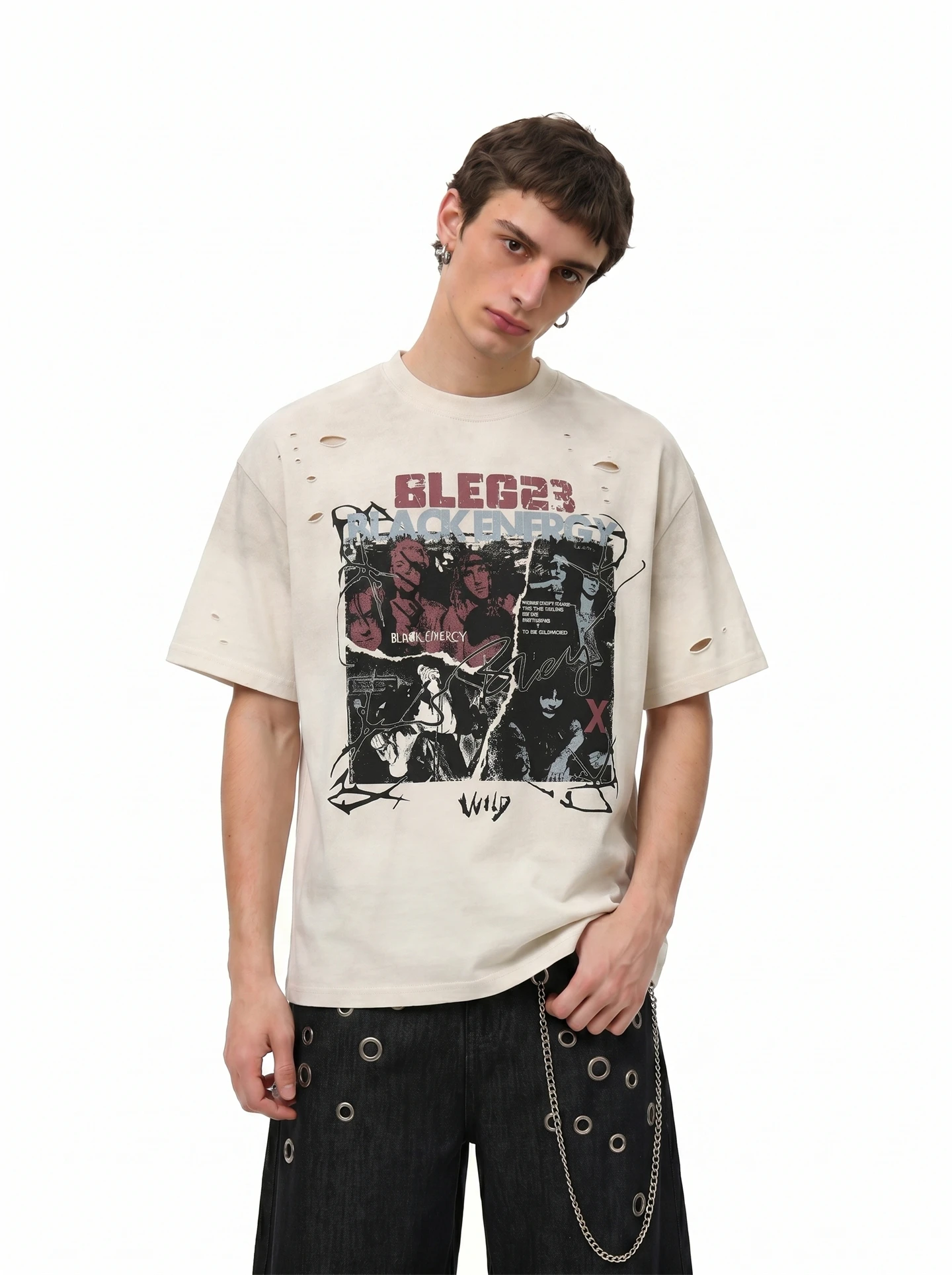 

BETEBULE American High Street Printed Hole Short Sleeve Men's T-shirt Loose Half Sleeve Top Youth Fashion Casual Wear