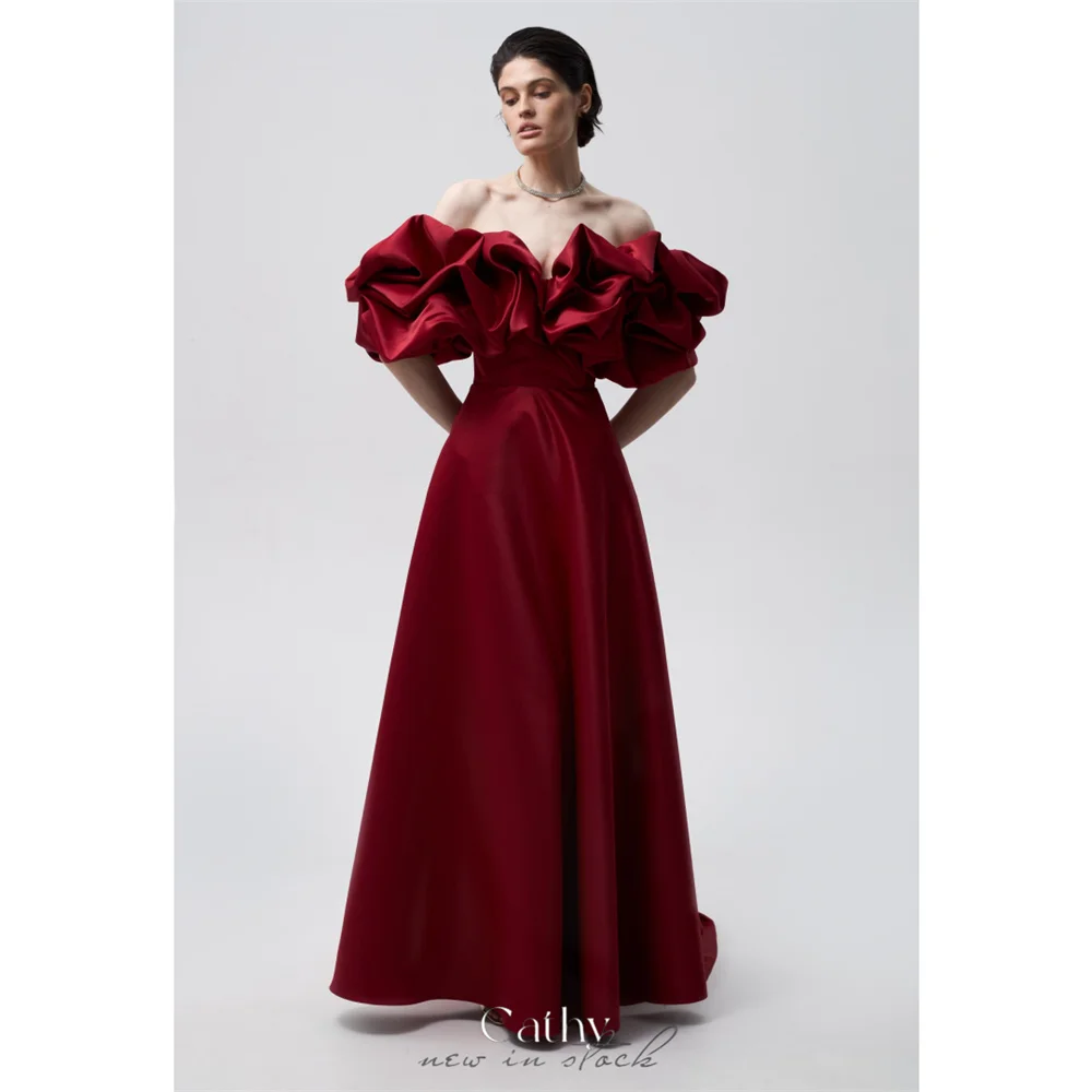 

Cathy индивидуальное бордовое платье трапециевидной формы с открытыми плечами для выпускного вечера с оборками длиной до пола, платья de noiva, атласное вечернее платье с высоким разрезом
