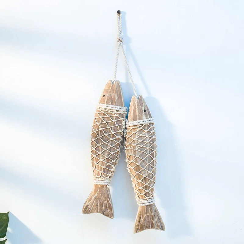 1 Pair Hand Carved Wooden Fish Hanging Marine Coastal Wall Sculptures DIY Home Office Room Unique Decoration